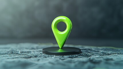 Poster - A vibrant green location marker stands prominently on a textured surface, symbolizing navigation and mapping.