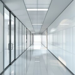 Poster - bright empty modern office corridor with glass walls and shiny floor