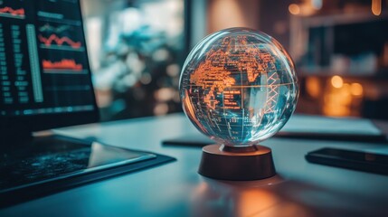 Poster - Futuristic Global Globe on Desk with Digital Data Overlay