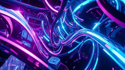 Poster - Futuristic Abstract Glowing Lines and Waves in a Dark Space