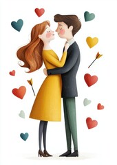 Poster - Vintage pin up concept for Valentine’s Day card. A couple embraces amid colorful hearts and arrows, symbolizing love