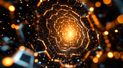 Poster - Intricate tunnel of glowing orange lights and geometric patterns in a futuristic digital landscape at night