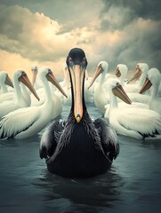 A striking black pelican stands out among a group of white pelicans in calm waters under a moody sky.