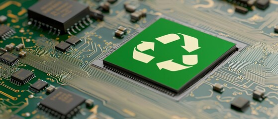 Poster - green recycling symbol on a circuit board emphasizes eco-friendly technology.