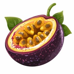Poster - Fresh passion fruit showing seeds and leaves illustration