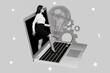 © deagreez - Creative collage image of mini girl walk through netbook display light bulb configuration gear isolated on drawing background