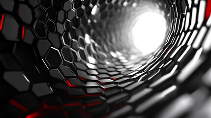 Poster - Abstract tunnel with hexagonal patterns and glowing red accents creating a futuristic look