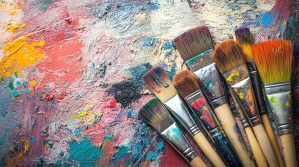 Aufkleber - Artistic workspace with artist brushes and vibrant paints on textured canvas inviting creativity and expression. Generative AI