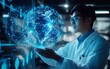 © Thanyana - A researcher in a lab coat engaging with a holographic globe, illustrating the power of technology and innovation in global health and medicine