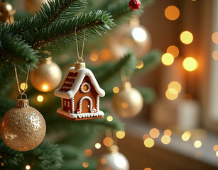 Wall Mural - A small gingerbread house hangs on a Christmas tree branch