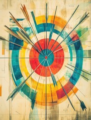 Poster - Colorful target with multiple arrows embedded at a vibrant archery range during daytime activity. Generative AI