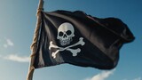 Black flag with skull and crossbones waving against a clear blue sky. A skull-and-bones pirate flag flutters in the bright sky.