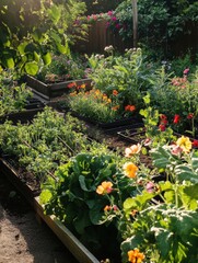 Poster - Brightly colored flowers and garden tools arranged in well kept vegetable beds during a sunny day. Generative AI