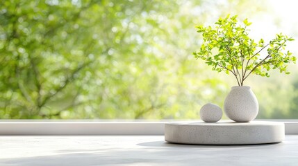 Wall Mural - Small plant in vase with stone on a round stand, window background.