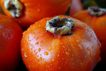 Poster - fresh persimmon fruit covered with water droplets displaying vivid orange color