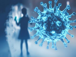 Aufkleber - Young Girl Holding Smartphone While Standing Near Digital Representation of Virus Particle in Abstract Environment with Bokeh Effect in Background