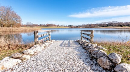 Canvas Print - Serene lake view with small pier and colorful padlocks.