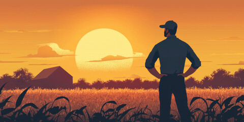 Poster - Sunrise and sunset, A farmer stands in a field at sunset, gazing at the horizon, surrounded by golden crops and a tranquil farmhouse silhouette.