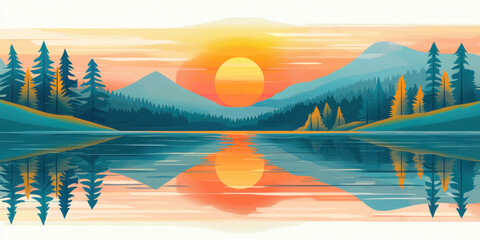 Poster - Sunrise and sunset, A serene landscape featuring a vibrant sunset over mountains, reflected in a calm lake, surrounded by lush trees.