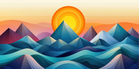 Poster - Sunrise and sunset, A vibrant landscape featuring colorful mountains under a bright sun, creating a serene and artistic atmosphere.