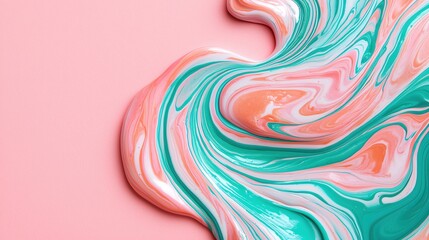 Poster - Vibrant abstract swirl of colorful paint on a soft pink background.
