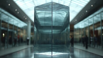 Transparent glass cube sculpture with reflections, displayed in modern museum gallery, perfect for art exhibition, architecture design, contemporary interior, ambient lighting, and creativity inspira