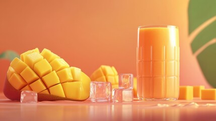 Wall Mural - Refreshing mango smoothie in glass with ice and diced mango fruit.