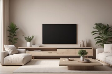 Wall Mural - Minimal Beige Living Room Design With Beige Sectional Sofa And Wooden TV Console