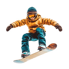 child in ski clothes snowboarding isolated on transparent background