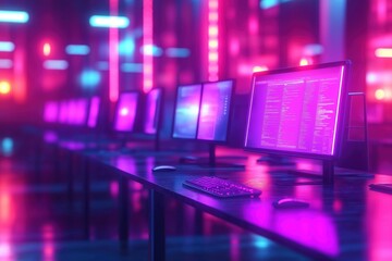 Fototapete - Modern open space office with computers. Neon purple light illuminates work areas. Corporate finance, marketing teams collaborate in futuristic setting. Blurred effect creates dynamic tech ambiance.