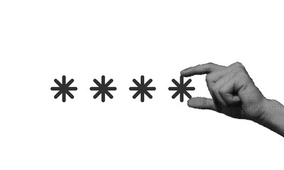 halftone collage, hand selecting an asterisk , password security and privacy. cybersecurity and prot
