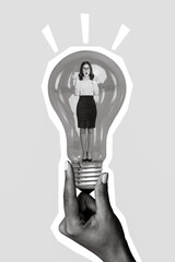 Poster - Vertical collage portrait of arm fingers hold light bulb mini impressed girl inside isolated on creative background