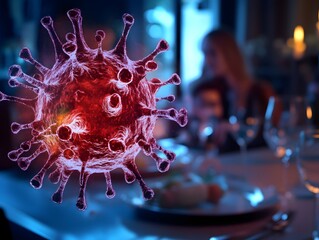 Poster - Close-up View of a Virus Cell Overlaid on a Restaurant Scene, Highlighting the Contrast Between Health Risks and Social Gatherings in Modern Life