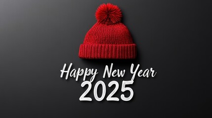 Red woolen hat and 2025 Happy New Year greeting on black background.