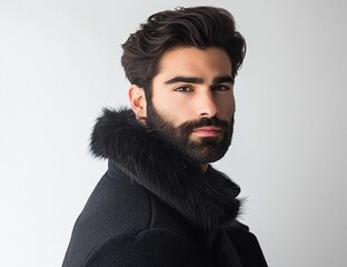 Wall Mural - A young man with dark hair and a beard poses in a stylish black coat with a fur collar.  A sophisticated and serious mood.