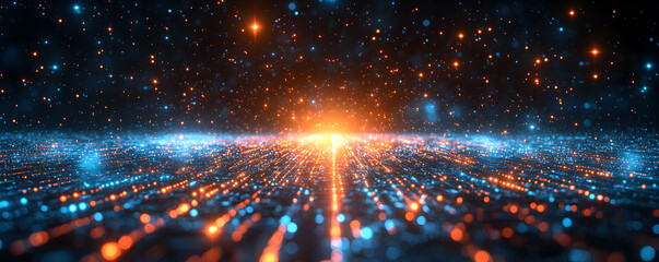 Poster - Abstract digital landscape with glowing particles and vibrant colors.