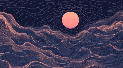 Aufkleber - Abstract line art of waves and a crescent moon, symbolizing calm and serenity.