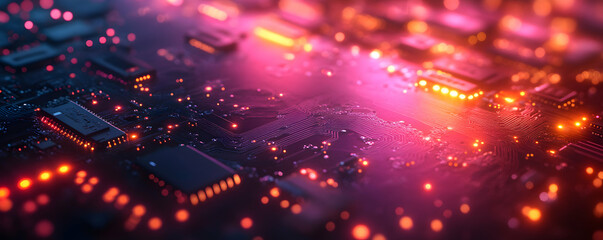 Poster - Abstract close-up of a circuit board with glowing lights and intricate details.