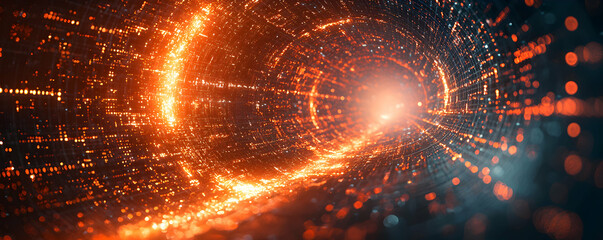 Poster - Abstract digital tunnel with glowing particles and light effects.