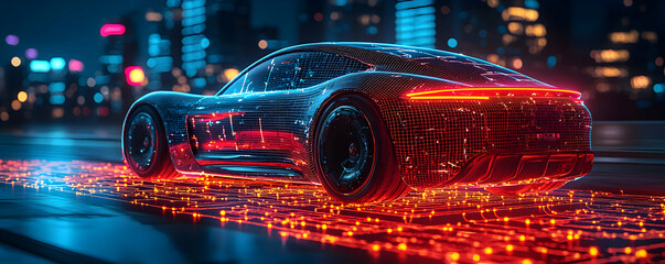 Poster - A futuristic car illuminated by neon lights on a glowing road.