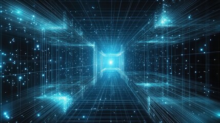 Poster - Futuristic line background with glowing lines forming 3D cube patterns in space.