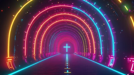 Poster - Futuristic line background with a vibrant neon tunnel effect, symbolizing technology and speed.