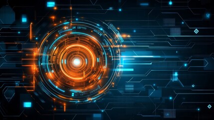 Poster - abstract, background digital design with glowing orange and blue elements, representing technology and innovation.