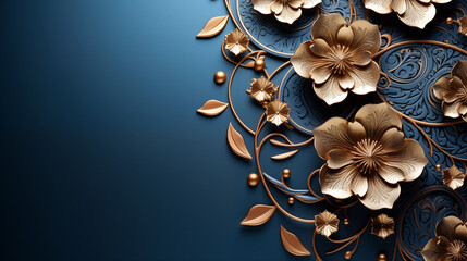 Wall Mural - Gold flower design is on a blue background