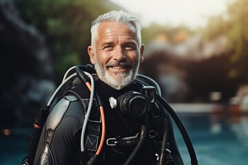 Wall Mural - Portrait of happy senior man with beard wearing scuba diving suit.