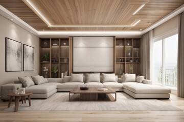 Wall Mural - Modern Beige Living Room Design With Wooden False Ceiling