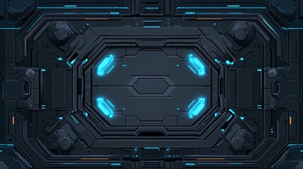 Poster - Futuristic digital interface with blue accents and a dark metallic background.