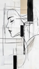 Poster - Abstract portrait of a woman with geometric lines and soft color palette, emphasizing simplicity and elegance in modern art