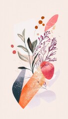 Poster - Abstract Floral Composition with Leaves and Shapes on Minimalist Background