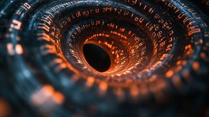 Poster - Digital vortex withlowing binary code in a dark background.